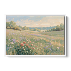 Meadow Landscape Painting with Coral Wildflowers - White Framed Canvas Wall Art - Front