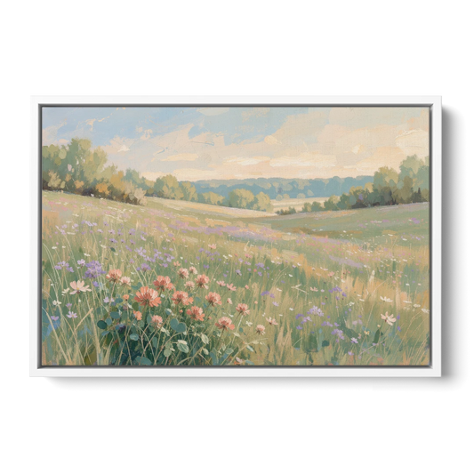 Meadow Landscape Painting with Coral Wildflowers - White Framed Canvas Wall Art - Front