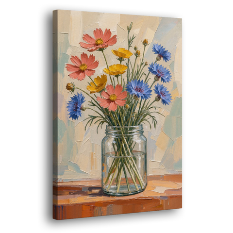 Meadow Wildflowers in a Clear Glass Jar - Canvas Wall Art - Side