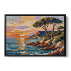 Mediterranean Landscape Painting with Umbrella Pines - Black Framed Canvas Wall Art - Front