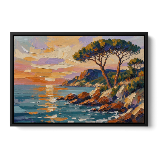 Mediterranean Landscape Painting with Umbrella Pines - Black Framed Canvas Wall Art - Front
