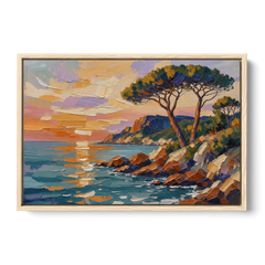 Mediterranean Landscape Painting with Umbrella Pines - Oak Framed Canvas Wall Art - Front