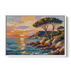 Mediterranean Landscape Painting with Umbrella Pines - White Framed Canvas Wall Art - Front