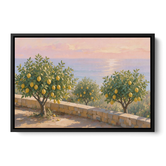 Mediterranean Lemon Tree Terrace by the Sea - Black Framed Canvas Wall Art - Front