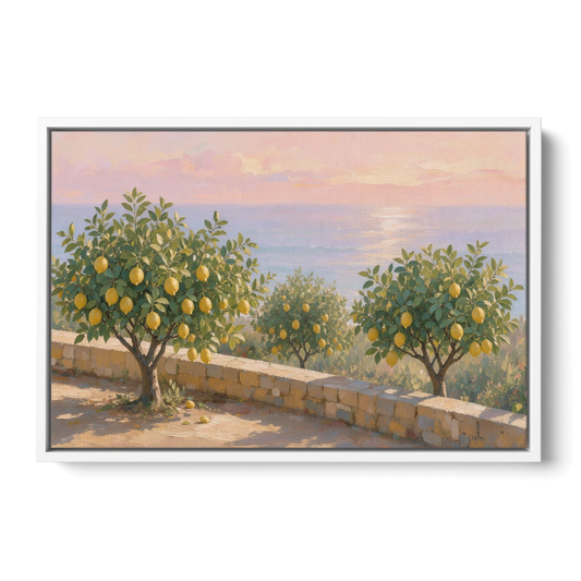 Mediterranean Lemon Tree Terrace by the Sea - White Framed Canvas Wall Art - Front