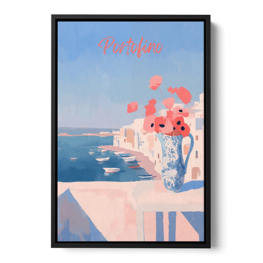 Mediterranean Painting of Poppies in Portofino - Black Framed Canvas Wall Art - Front