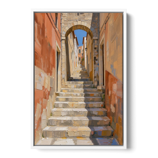 Mediterranean Wall Decor with Sunlit Steps to an Arch - White Framed Canvas Wall Art - Front
