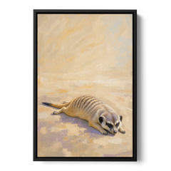 Meerkat Pup Stretched Out in the Warm Sand - Black Framed Canvas Wall Art - Front