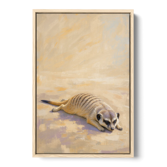 Meerkat Pup Stretched Out in the Warm Sand - Oak Framed Canvas Wall Art - Front