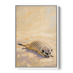 Meerkat Pup Stretched Out in the Warm Sand - White Framed Canvas Wall Art - Front