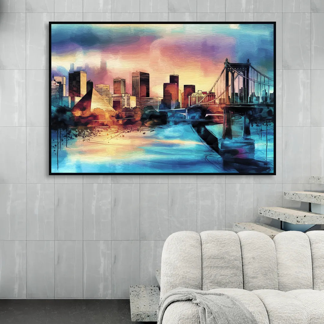 Memphis Architectural Landmarks Living Room - Black Canvas Wall Art