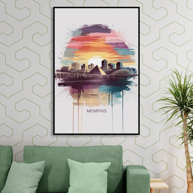 Memphis Skyline at Sunset Living Room - Black Canvas Wall Art