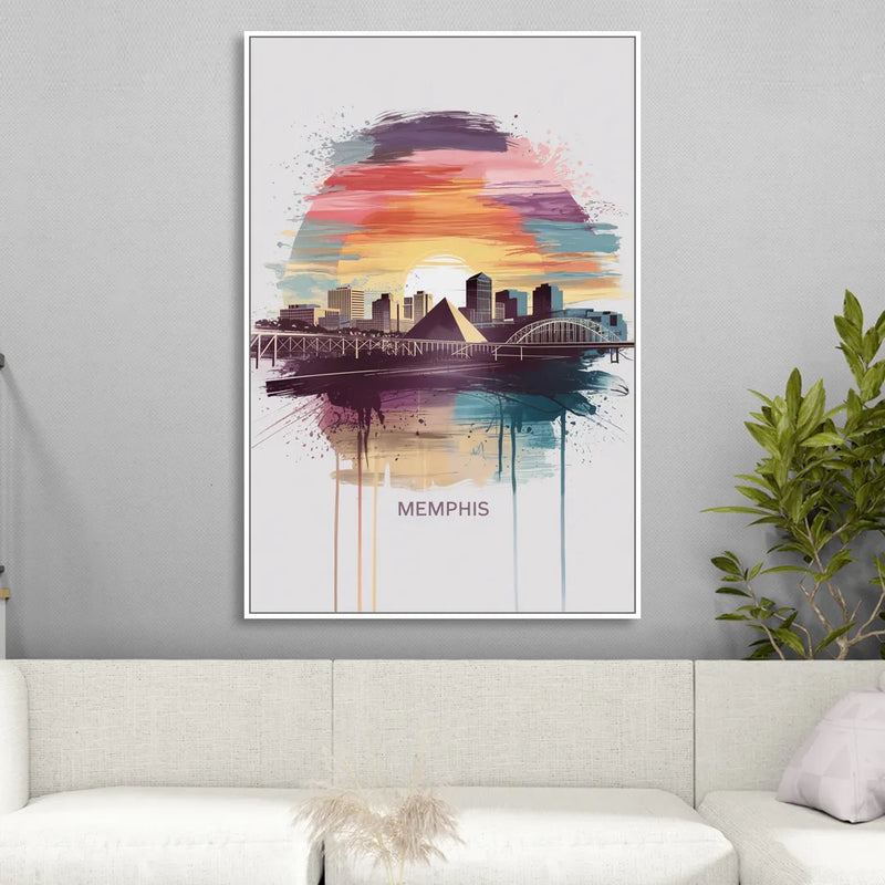 Memphis Skyline at Sunset Sitting Room - White Canvas Wall Art