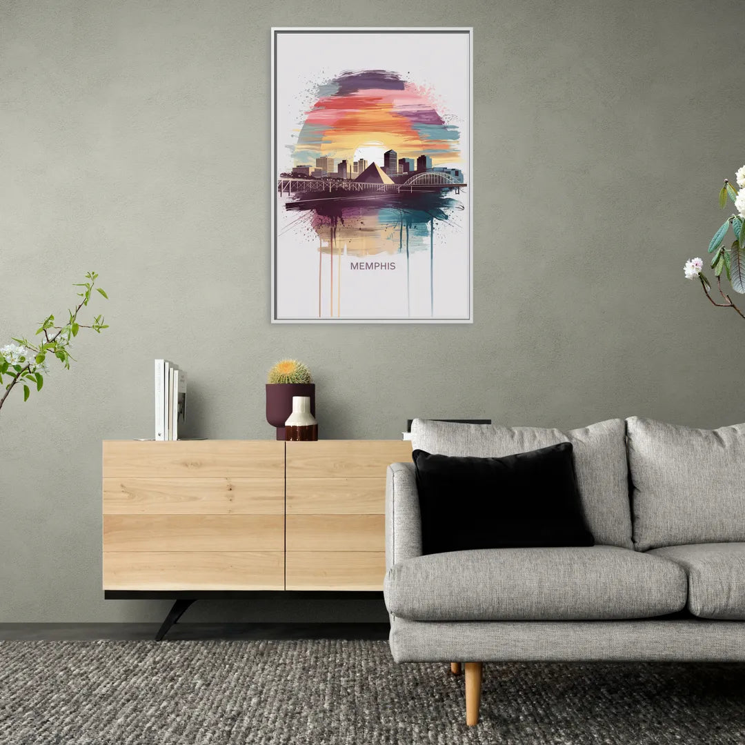 Memphis Skyline at Sunset - Living Room White Frame Canvas