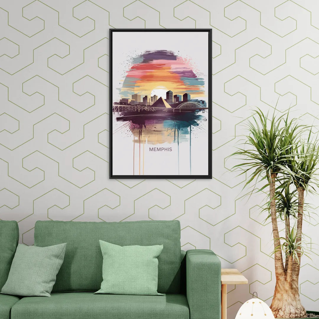 Memphis Skyline at Sunset - Living Room Black Frame Canvas