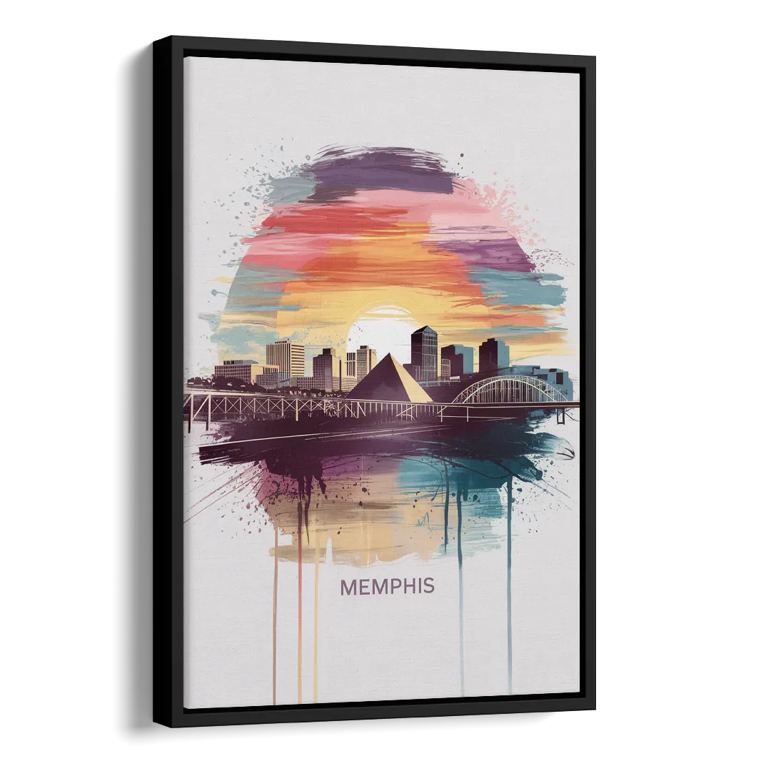 Memphis Skyline at Sunset Side - Black Canvas Wall Art