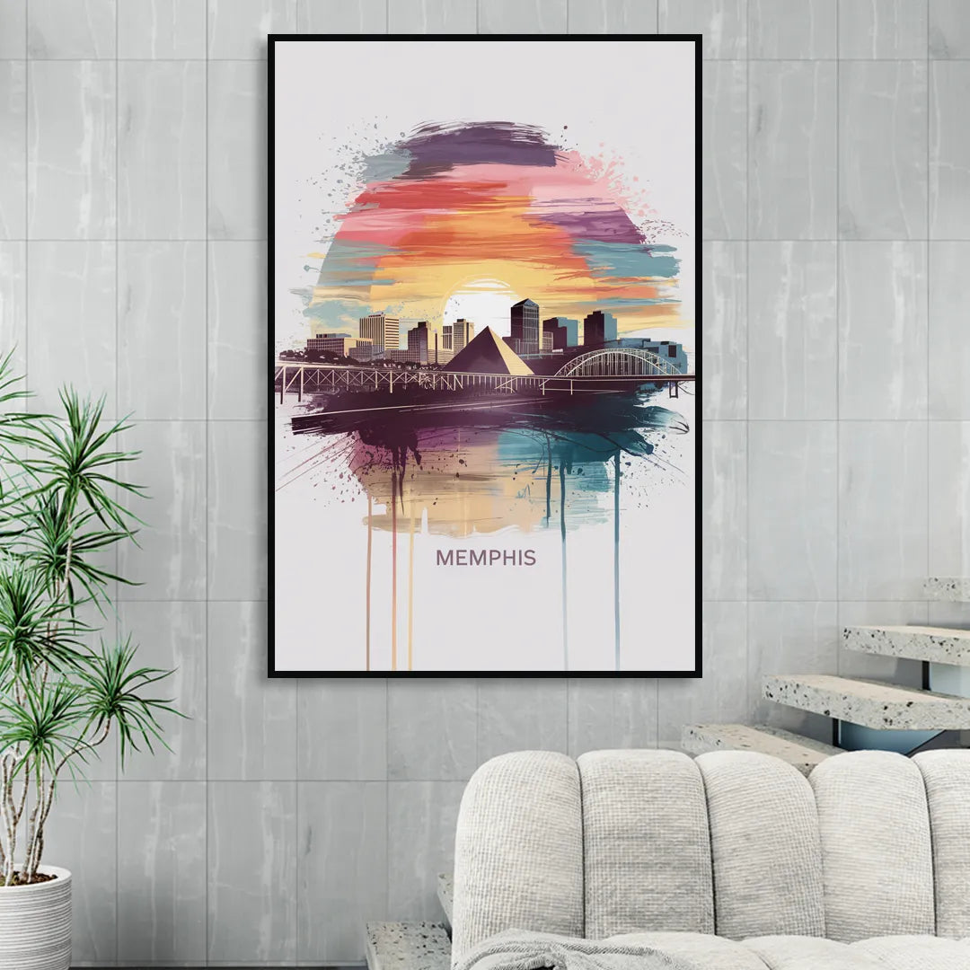 Memphis Skyline at Sunset Sitting Room - Black Canvas Wall Art