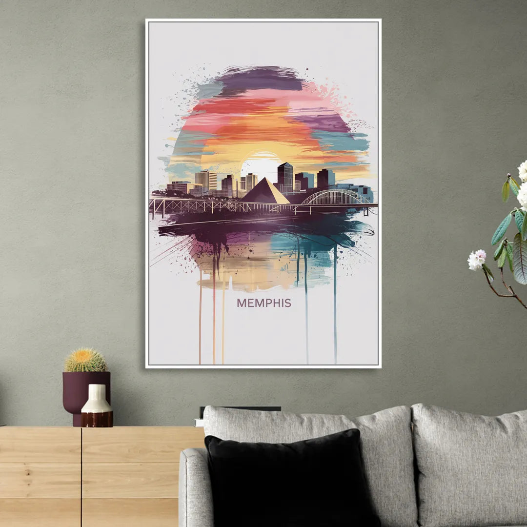 Memphis Skyline at Sunset Living Room - White Canvas Wall Art