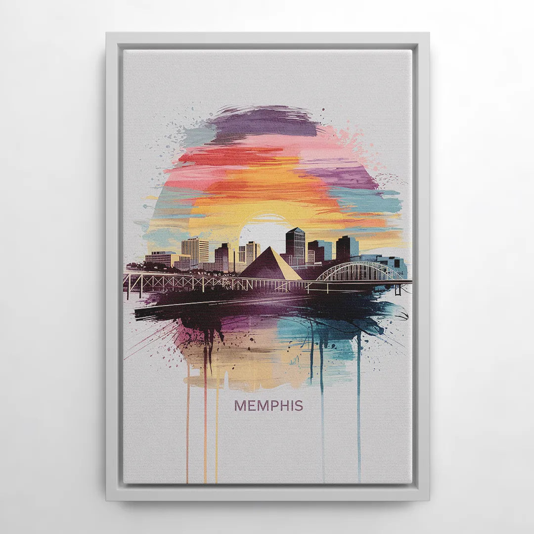Memphis Skyline at Sunset - White Frame Canvas