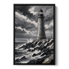 Mens Wall Art Stone Lighthouse in the Storm - Black Framed Canvas Wall Art - Front