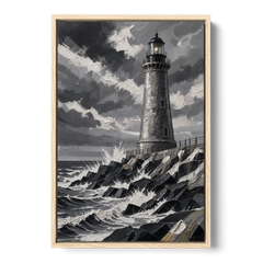 Mens Wall Art Stone Lighthouse in the Storm - Oak Framed Canvas Wall Art - Front