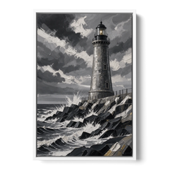 Mens Wall Art Stone Lighthouse in the Storm - White Framed Canvas Wall Art - Front