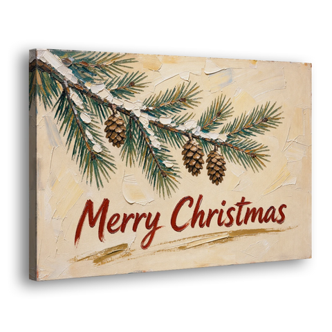 Merry Christmas Painting with Snowy Pine Bough - Canvas Wall Art - Side