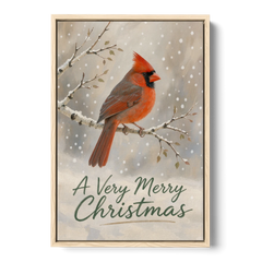 Merry Christmas Wall Art with Snowy Cardinal - Oak Framed Canvas Wall Art - Front