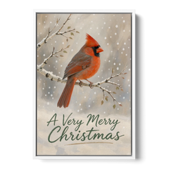 Merry Christmas Wall Art with Snowy Cardinal - White Framed Canvas Wall Art - Front