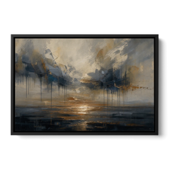 Metallic Abstract Bronze Horizon Over Still Sea - Black Framed Canvas Wall Art - Front