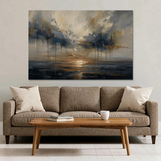 Metallic Abstract Bronze Horizon Over Still Sea - Canvas Wall Art - Sofa - 60x40