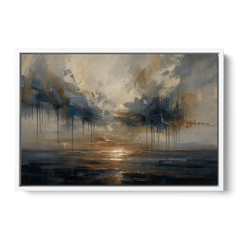 Metallic Abstract Bronze Horizon Over Still Sea - White Framed Canvas Wall Art - Front