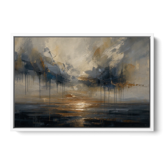 Metallic Abstract Bronze Horizon Over Still Sea - White Framed Canvas Wall Art - Front