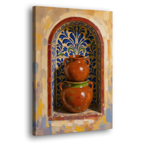 Mexican Kitchen Wall Decor with Stacked Clay Pots - Canvas Wall Art - Side