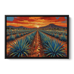 Mexican Landscape Painting of Blue Agave at Sunset - Black Framed Canvas Wall Art - Front