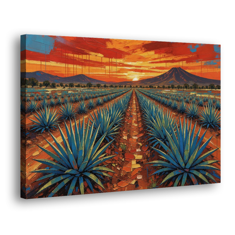 Mexican Landscape Painting of Blue Agave at Sunset - Canvas Wall Art - Side