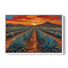 Mexican Landscape Painting of Blue Agave at Sunset - White Framed Canvas Wall Art - Front