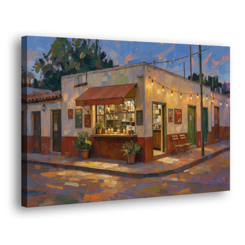Mexican Restaurant Decor Taqueria Corner at Dusk - Canvas Wall Art - Side