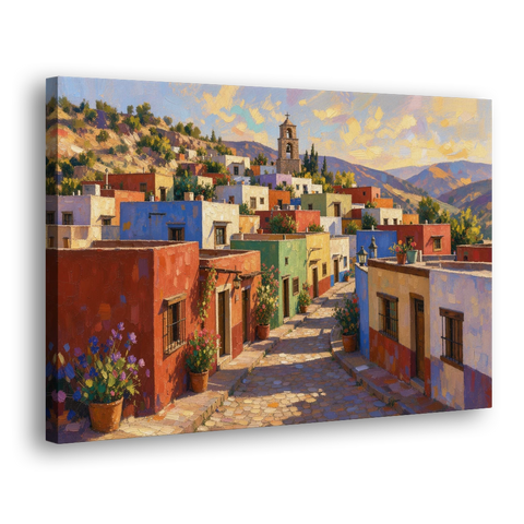 Mexican Village Painting With Hilltop Bell Tower - Canvas Wall Art - Side