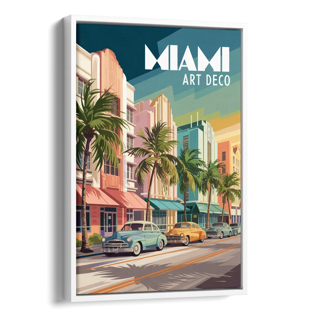 Miami Art Deco District Side - White Canvas Wall Art