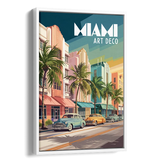 Miami Art Deco District Side - White Canvas Wall Art