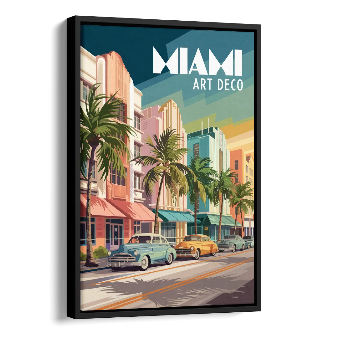 Miami Art Deco District Side - Black Canvas Wall Art