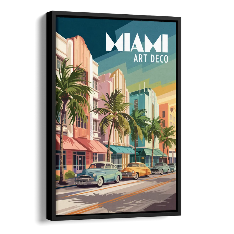 Miami Art Deco District Side - Black Canvas Wall Art