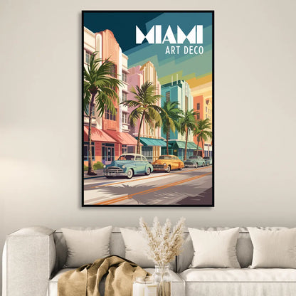 Miami Art Deco District Living Room - Black Canvas Wall Art