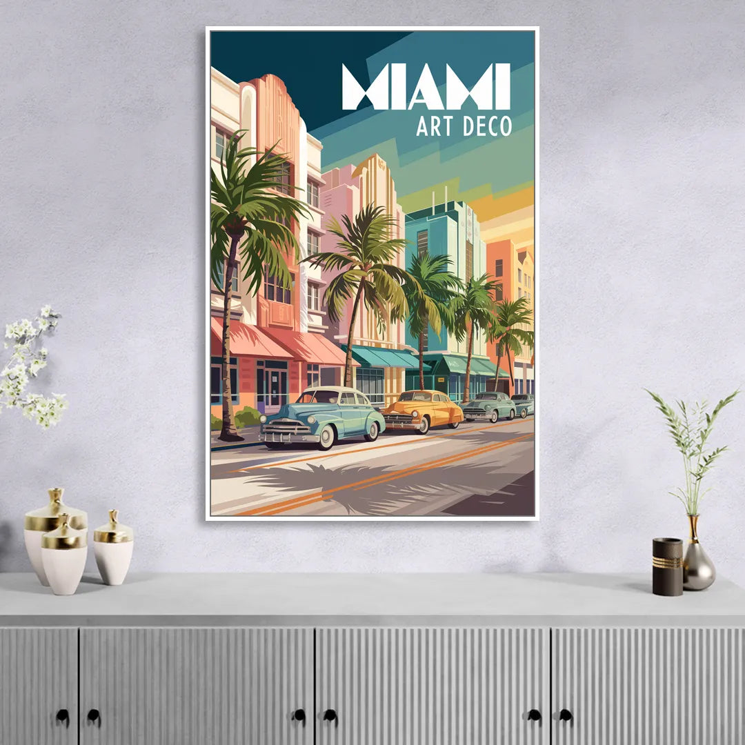 Miami Art Deco District Living Room - White Canvas Wall Art