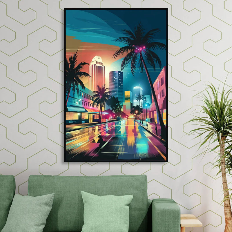 Miami Artistic Streets Living Room - Black Canvas Wall Art