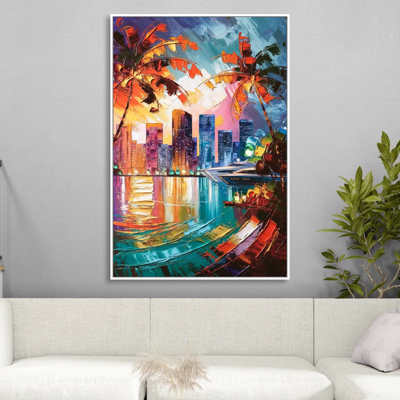 Miami Bayside Beauty Living Room - White Canvas Wall Art