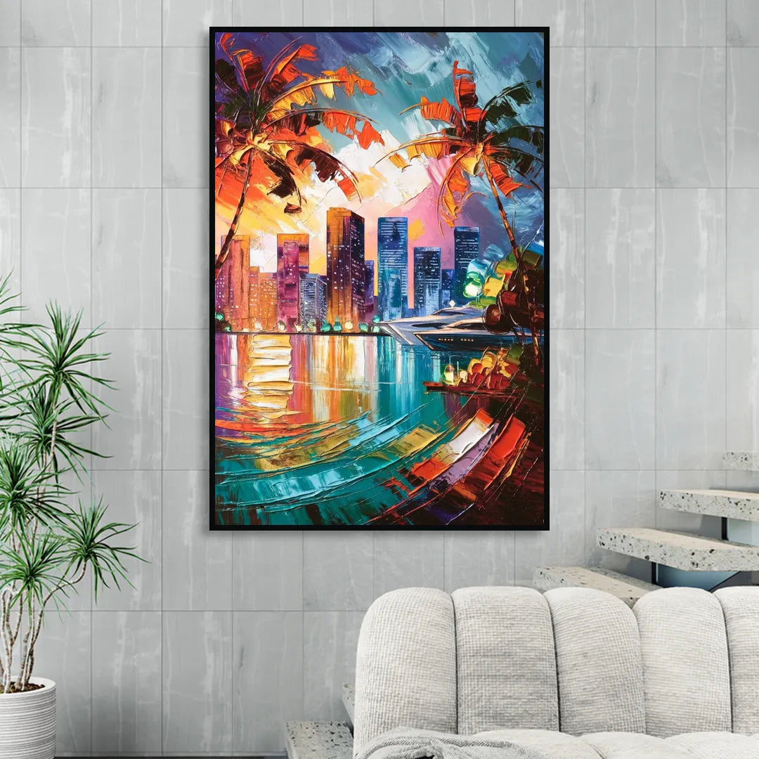 Miami Bayside Beauty Living Room - Black Canvas Wall Art