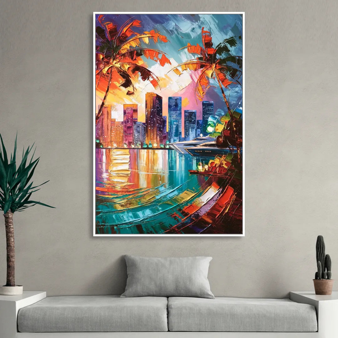 Miami Bayside Beauty Sitting Room - White Canvas Wall Art