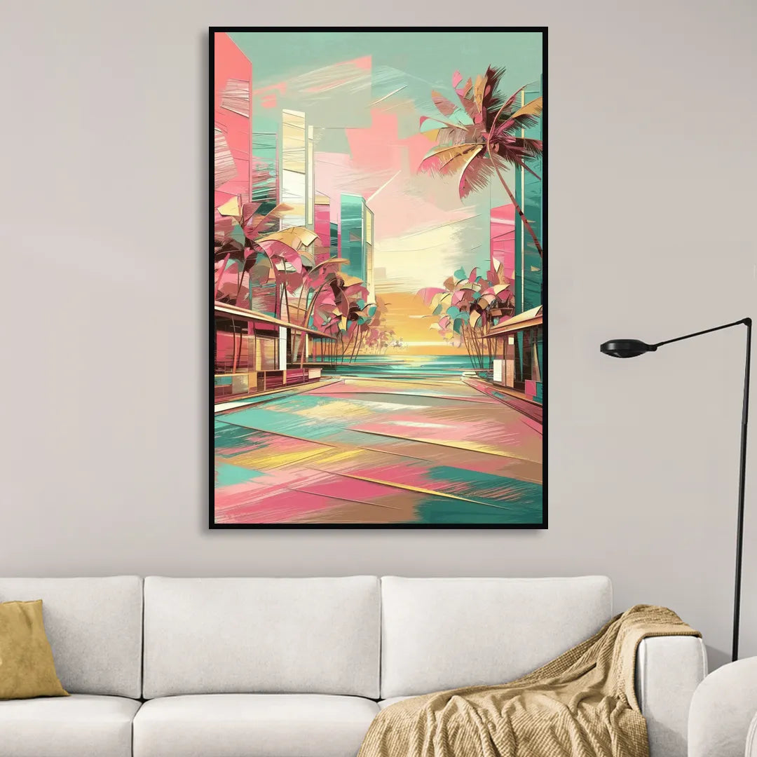 Miami Beach Vibes Living Room - Black Canvas Wall Art